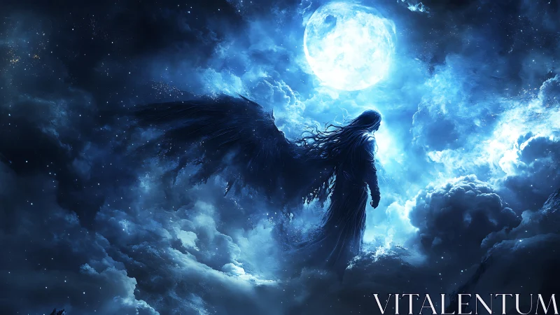 Luminous lunar backlit winged silhouette in turbulent nebular clouds.