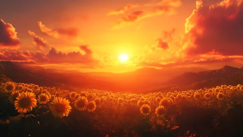 Sunlit sunflower field under low horizon sunset sky.