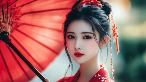 Digital portrait of woman in red kimono under parasol