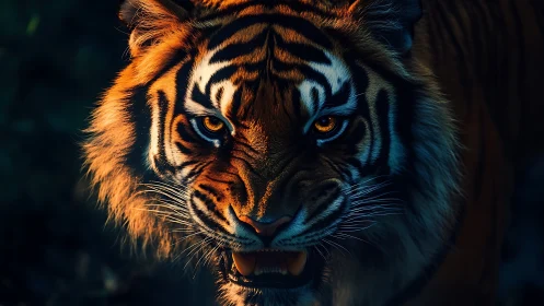 Tiger head close-up in low light with focused forward gaze.