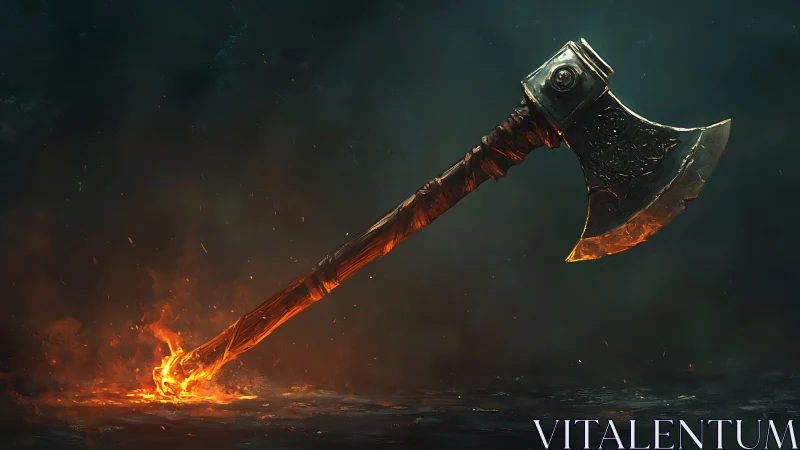 Burning battle axe floats over dark smoky background