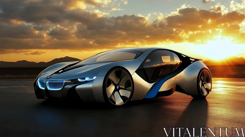 Sleek BMW concept coupe under fiery coastal sunset sky.