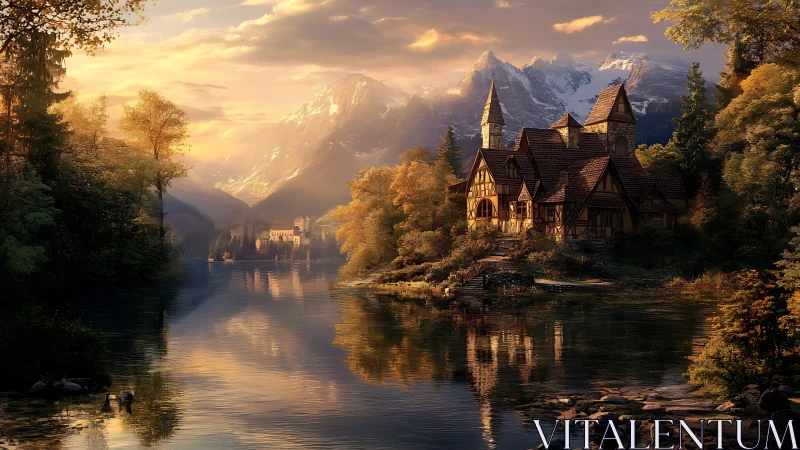 Fantasy lakeside manor under alpine sunset illumination.