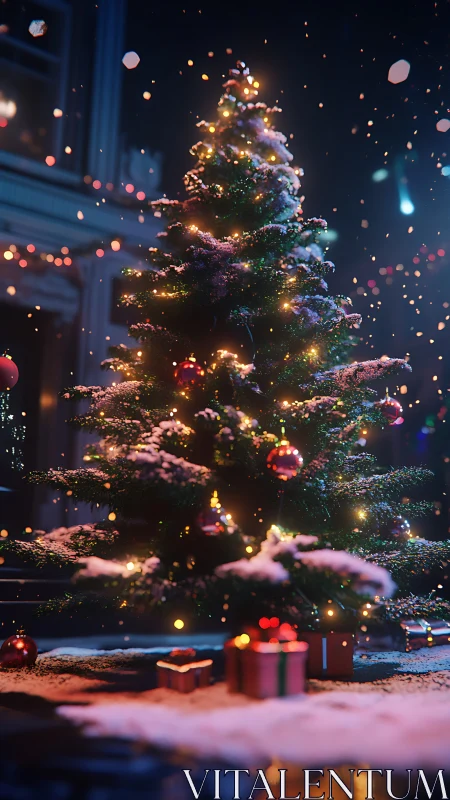 Illuminated outdoor Christmas tree with snow and presents.