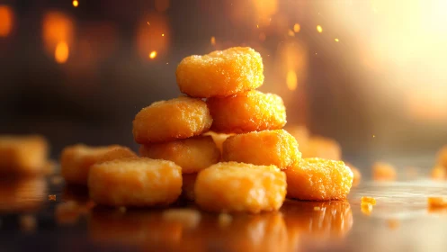 Stacked golden nuggets sit on reflective surface in warm light
