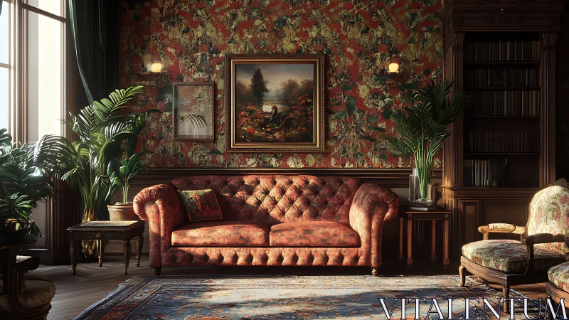 Cozy vintage sitting room with sunlit sofa and lush plants.