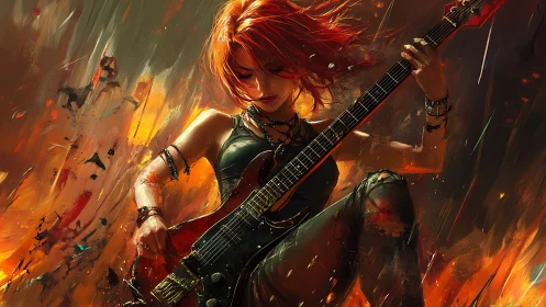 Dynamic red-haired guitarist framed by explosive painterly flames