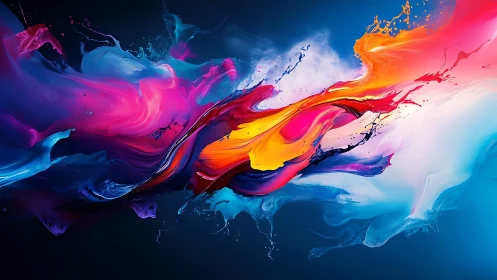 Fluid abstract color splash across deep blue field.