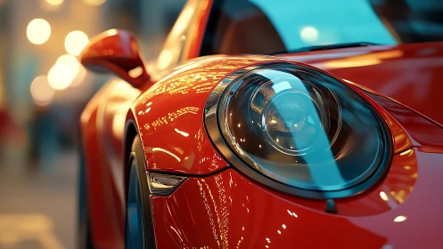Red sports car close-up with glossy headlight detail.