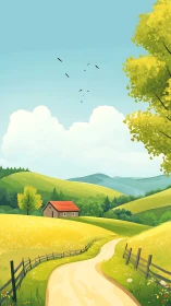 Curved rural path crosses yellow fields toward distant hills