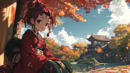 Autumn shrine daydreamer in crimson kimono hushes time.
