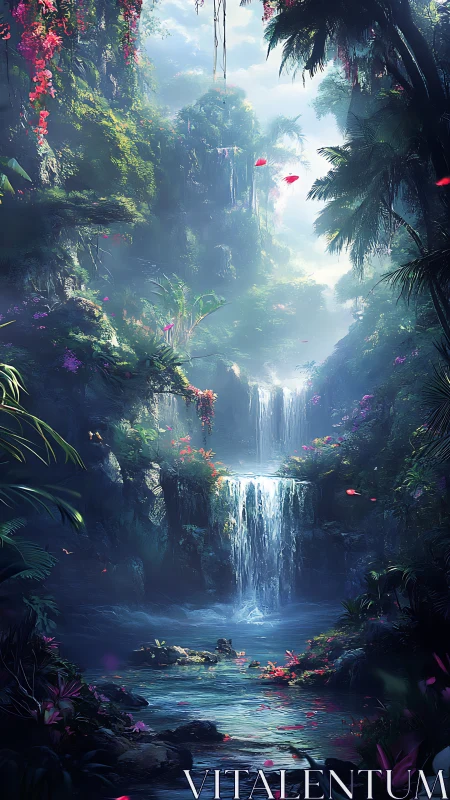 Dense jungle ravine with tiered waterfall and stream.
