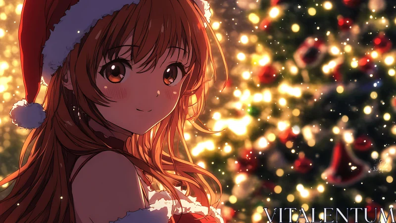 Warm-lit anime girl in Santa outfit before glowing bokeh tree