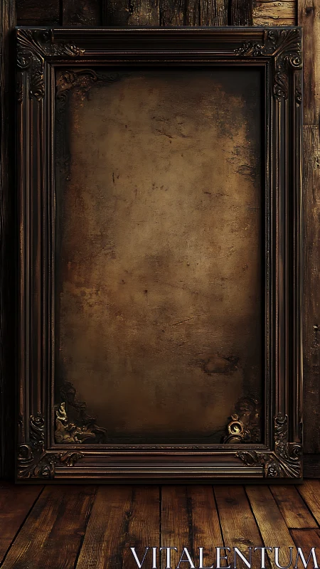Photorealistic antique frame on rustic wooden backdrop.