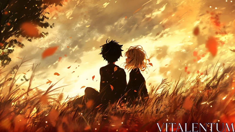 Autumn anime couple sitting in a glowing sunset field.