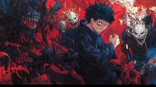 Dark haired anime fighter surrounded by skeletal demons.