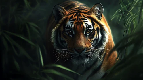 Tiger emerges from shadowed jungle foliage in intense silence