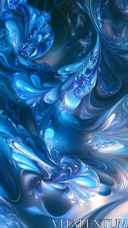 Swirling blue fractal waves curve through luminous liquid space