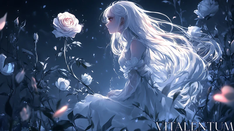 Moonlit anime maiden amid glowing white rose garden.