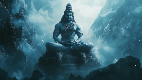 Serene blue deity in quiet mountain meditation under misty skies.