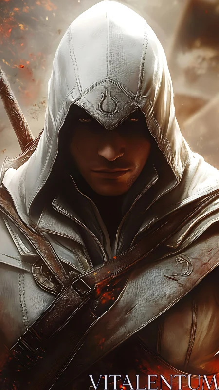 Hooded assassin stands in glowing embers with crossed blades