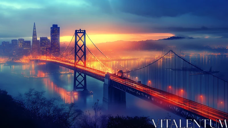 Bay bridge urban skyline at dusk with illuminated traffic.