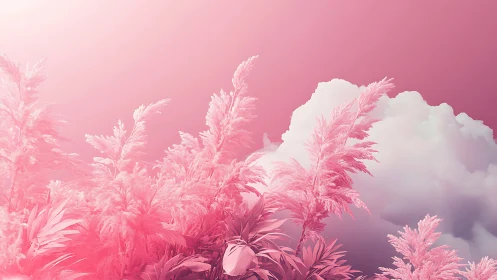 Dreamy pink meadow drifting beneath soft cotton clouds.