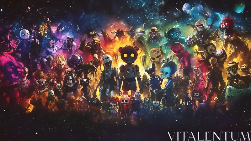 Multicolored cosmic lineup of stylized masked characters in nebula