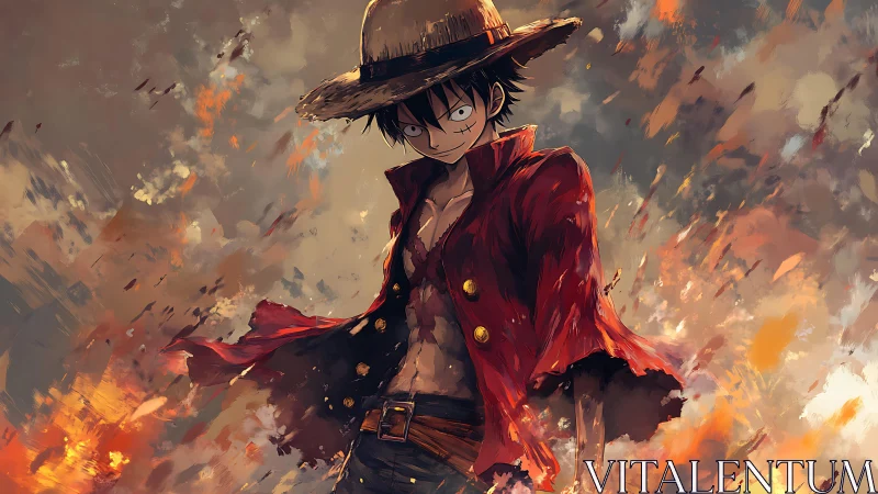 Straw-hatted rebel strides through wildfire-scorched sky.