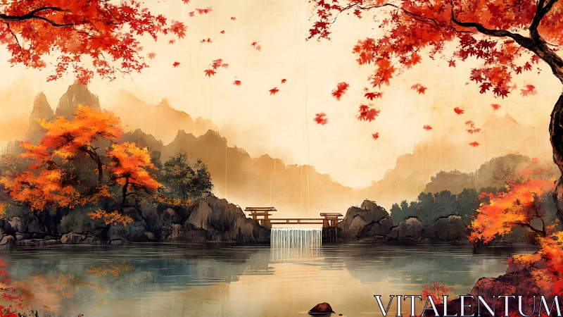 Autumn shrine over misted falls in painted mountain hush.