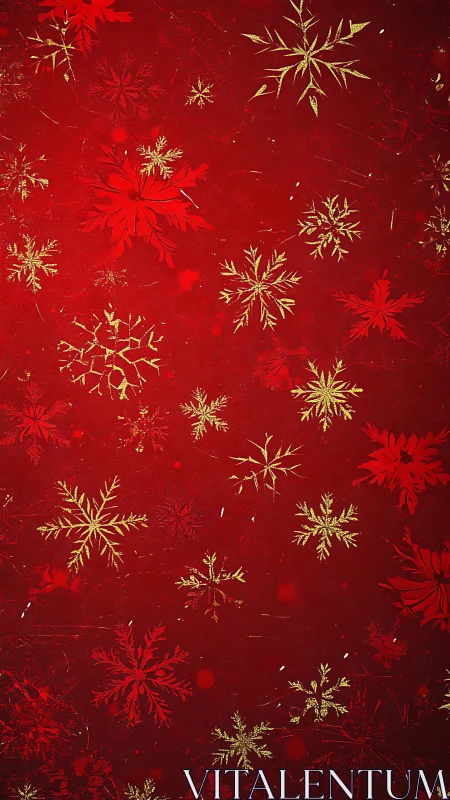 Red textured backdrop with golden ornamental snowflakes.