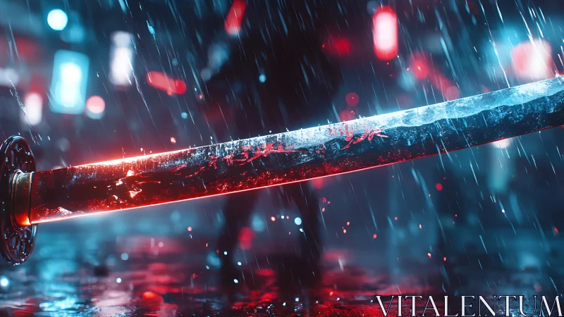Neon‑lit katana slices through rain in a tense cyberpunk alley