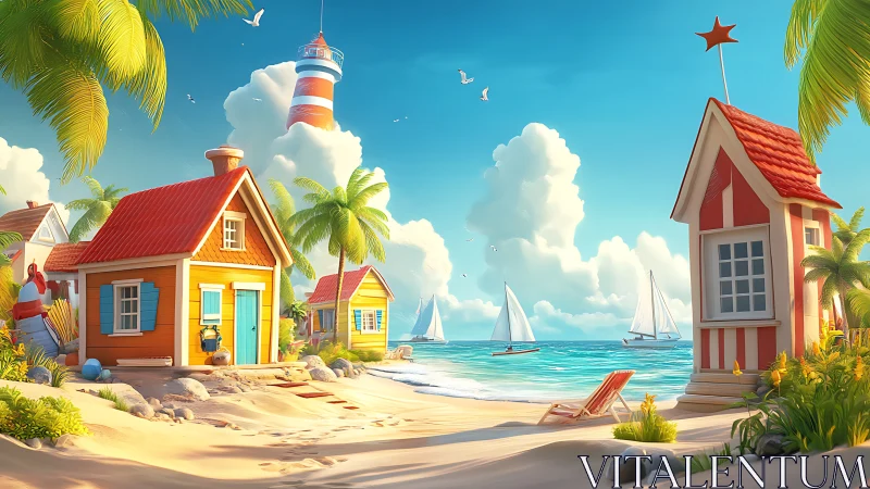 Stylized Coastal Settlement with Architectural Structures.