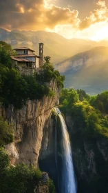 Stone chapel stands on cliff edge above tall mountain waterfall.