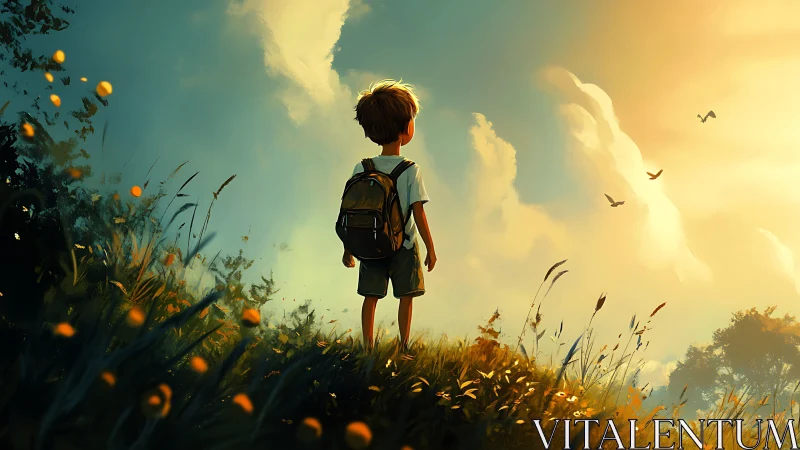 Young explorer gazes into a glowing golden horizon of wonder