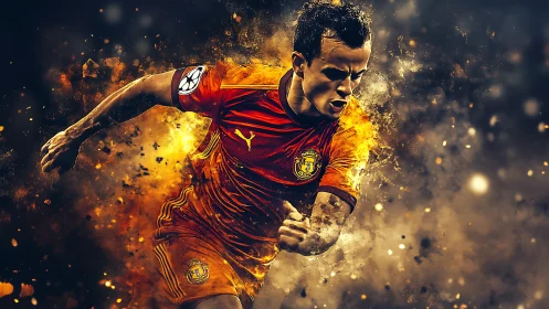 Dynamic digital art of soccer player in fiery motion.