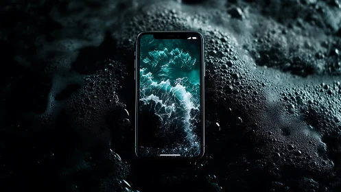 High-contrast smartphone on wet textured surface with ocean display