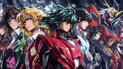 Courageous anime heroes stand united with mighty mechs.