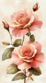 Blooming Coral Roses with Buds on Cream Background.