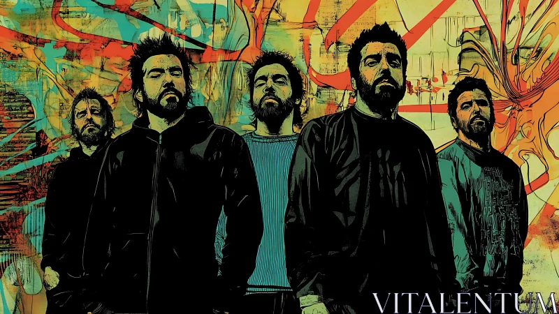 Bold band of five in a vivid, street-art dreamscape.