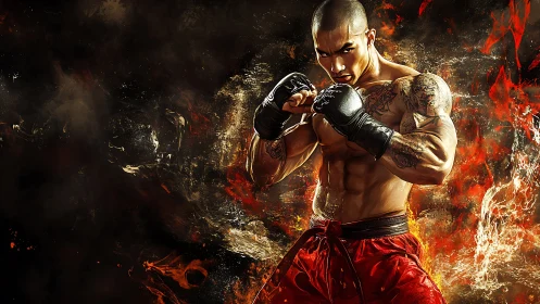 Digital martial artist with flames in dynamic guard pose.