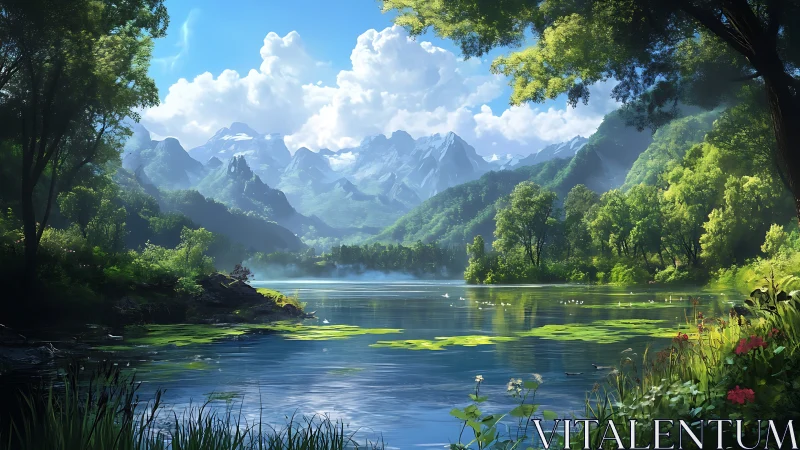 Mountain lake reflects distant snowy peaks and dense forest