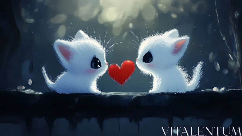 Two White Kittens Holding Red Heart Together.