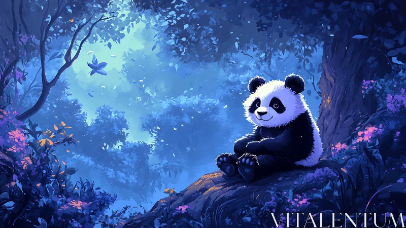 Panda cub resting on mossy log in luminous blue forest.