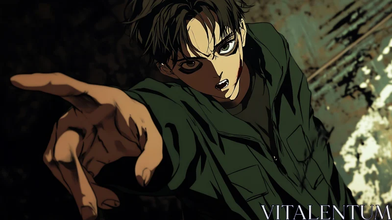 Defiant anime antihero lunges forward through jagged shadows.