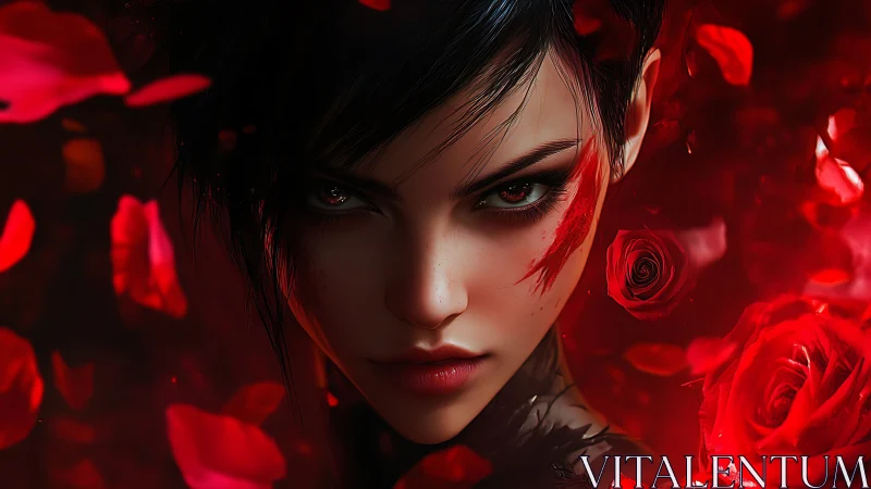 Digital portrait shows intense female face with red petals