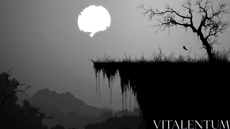 Monochrome cliff silhouette isolates bird against fractured moon