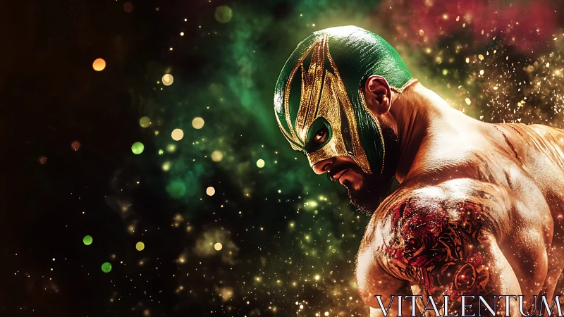 Masked wrestler turns in shimmering light, ready to strike
