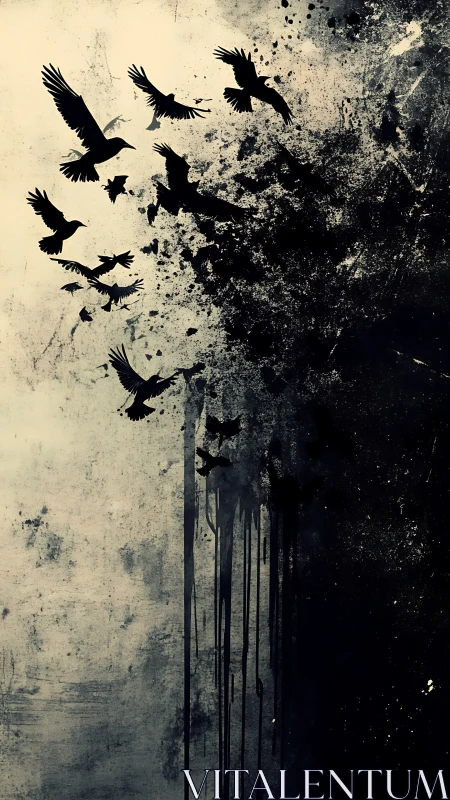 Inkstorm crows bursting from a twilight-stained void.