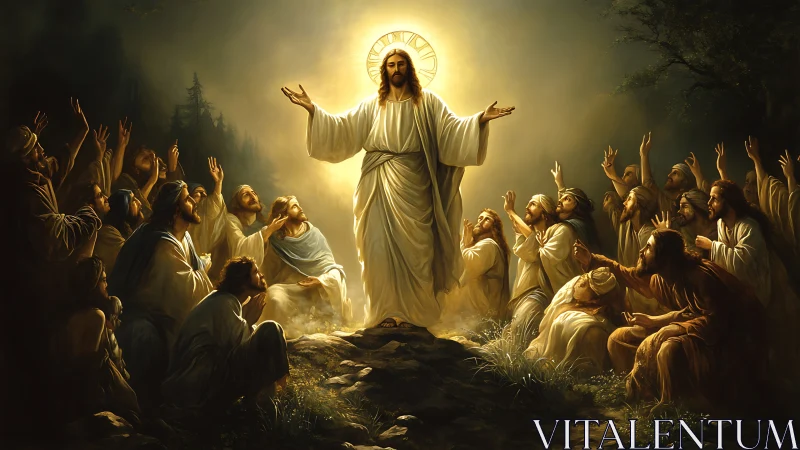 Radiant robed figure preaching to gathered disciples at dawn